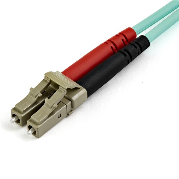15m OM3 LC to LC Multimode Duplex Fiber Optic Patch Cable for 10Gb Ethernet, featuring 50/125 micron fiber and LSZH jacket.