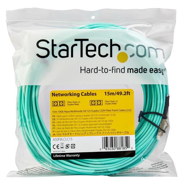 15m OM3 LC to LC Multimode Fiber Optic Patch Cable for high-speed 10 Gigabit Ethernet networking, LSZH jacket for safety.