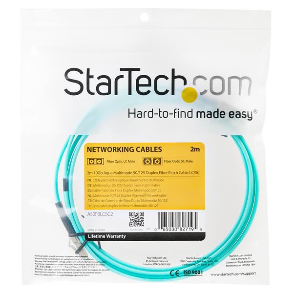 High-Speed 10 Gb Aqua Multimode Fiber Optic Cable 2m - LSZH - LC/LC Duplex 50/125