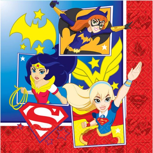 Pack of 16 vibrant Super Hero Girls luncheon napkins, 33cm x 33cm, perfect for birthday parties and themed events.