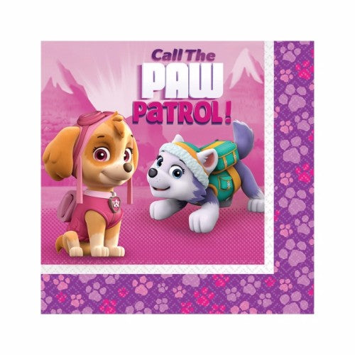 Paw Patrol girls' luncheon napkins, 33cm x 33cm, 2-ply, pack of 16, perfect for kids' parties.
