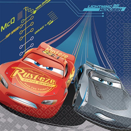 Cars 3 Luncheon Napkins featuring Lightning McQueen; pack of 16, 33cm x 33cm, perfect for kids' racing-themed parties.