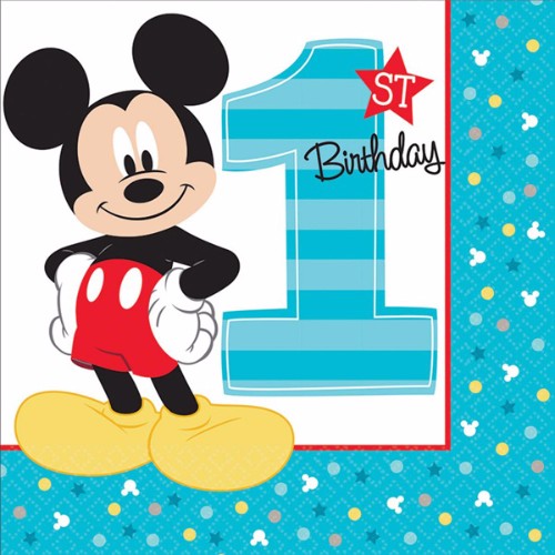 Vibrant Mickey Mouse napkins for 1st birthday, 33cm, 2-ply, pack of 16, perfect for snacks and cake.