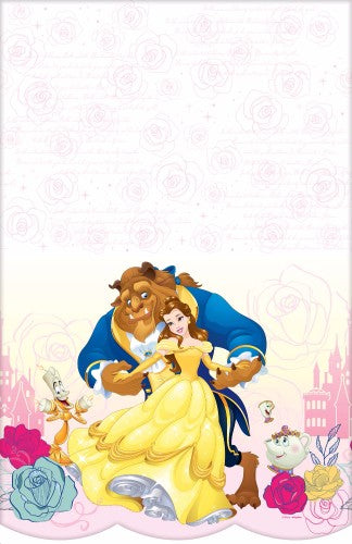Enchanting Beauty & The Beast plastic tablecover, 137cm x 243cm, perfect for themed parties and celebrations.
