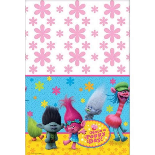 Vibrant Trolls tablecover for parties, featuring Poppy and friends, protecting surfaces while adding cheerful decor.