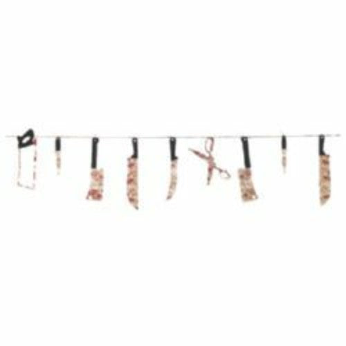 Garland with bloody meat cleavers, knives, and scissors; spooky 2.2m Halloween decoration for eerie atmospheres.