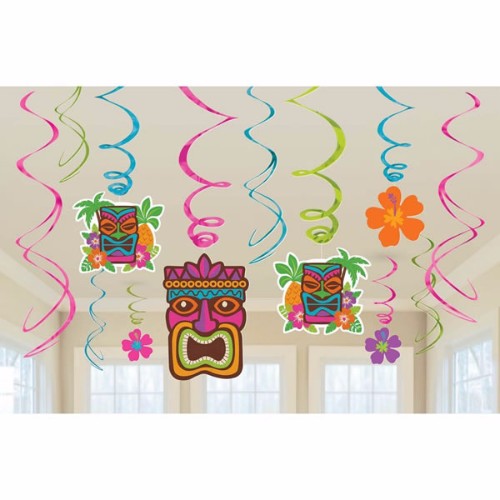 Vibrant Tiki-themed hanging swirl decorations, 12 pack with colorful foil swirls and cutouts for festive occasions.