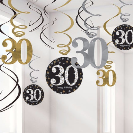 Sparkling black hanging swirls for 30th birthday decor, featuring various sizes for a festive atmosphere. Pack of 12.