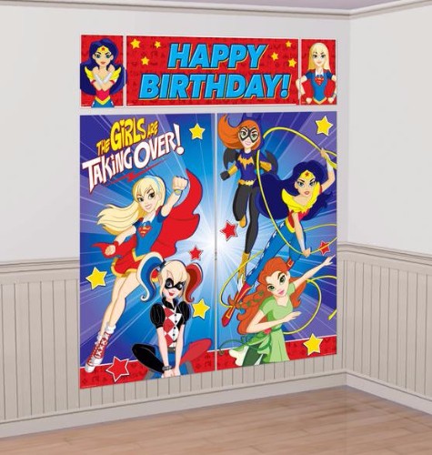 Super Hero Girls Scene Setter Kit features vibrant decorations for a fun birthday party, including large scene setters and a banner.