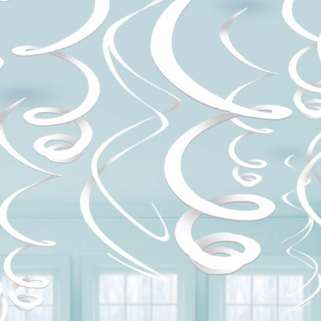 Twelve white hanging swirls, 55.8cm long, ideal for festive decorations.