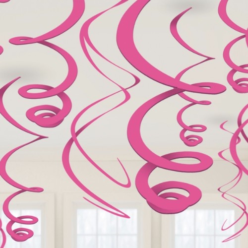 Pack of 12 pink hanging swirls decoration, made of plastic, each 55.8cm long for festive decor.
