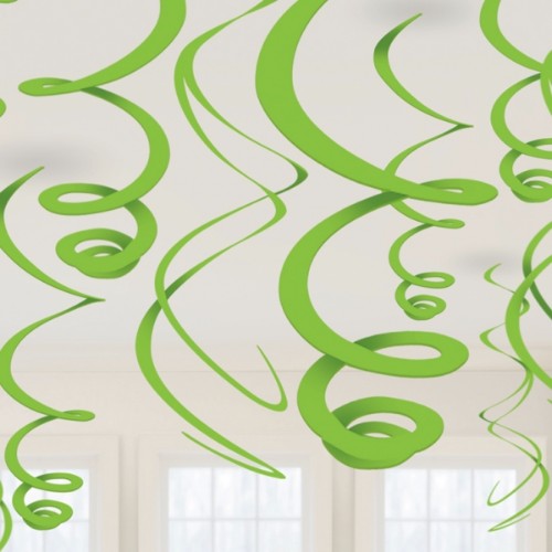 Vibrant green hanging swirls decorations, 55.8cm long, perfect for festive events, pack of 12 for lively decor.