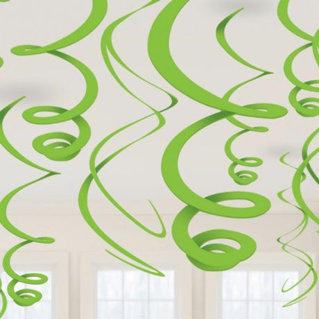 Vibrant green hanging swirls decorations, 55.8cm long, perfect for festive events, pack of 12 for lively decor.