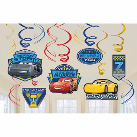 Colorful Cars 3 hanging swirls decorations with various cutout sizes for a festive party atmosphere.