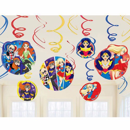 Colorful Super Hero Girls hanging swirls with vibrant cutouts for lively party decor, perfect for themed celebrations.