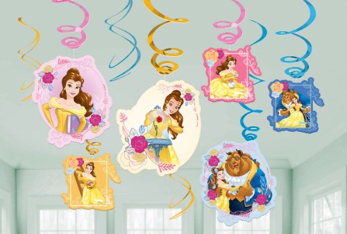 Pack of 12 Beauty and the Beast hanging swirls featuring colorful character cutouts and shimmering foil accents.