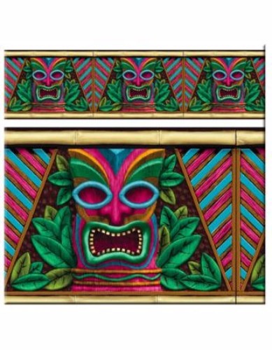 Vibrant Tiki Scene Setter Border Roll, 45cm x 15.24m, featuring palm trees and tikis for a tropical party backdrop.