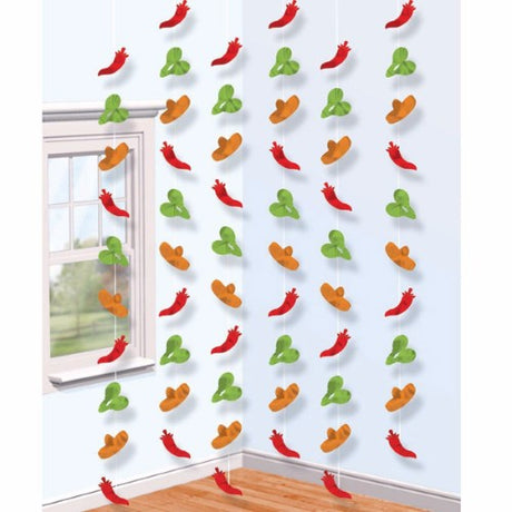 Vibrant 2.1m Hanging String Decorations Fiesta - Pack of 6 for festive parties and celebrations.