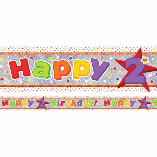 Vibrant holographic banner for 2nd birthday, 2.7m x 13cm, featuring cheerful designs, adds glamour to celebrations.