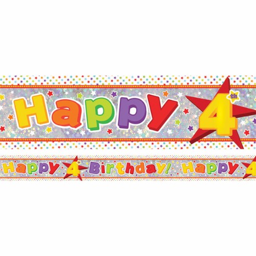 Holographic Happy 4th Birthday Foil Banner, 2.7m x 13cm, festive design for vibrant birthday celebrations.