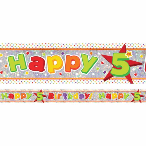 Vibrant holographic 5th birthday foil banner, 2.7m long, perfect for festive celebrations and creating lasting memories.