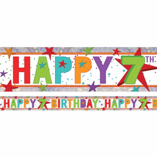 Holographic Happy 7th Birthday foil banner, 2.7m x 13cm, featuring a repeating design perfect for festive decorations.