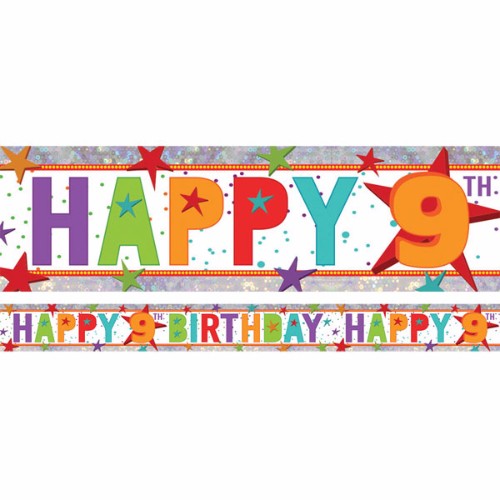 Holographic Happy 9th Birthday Foil Banner, 2.7m long, sparkly design, perfect for vibrant birthday celebrations.