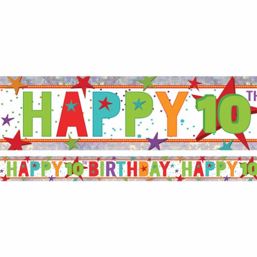 Colorful Happy 10th Birthday foil banner, 2.7m long, holographic design, perfect for festive party decor.