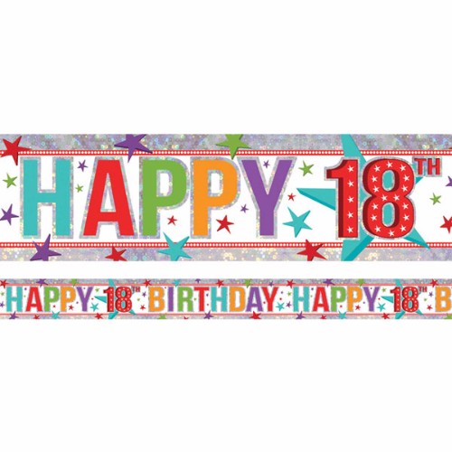 Vibrant holographic Happy 18th Birthday foil banner, 2.7m x 13cm, perfect for festive indoor and outdoor celebrations.