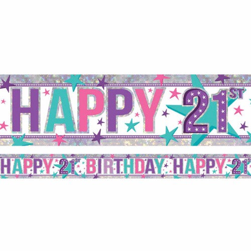 Holographic Happy 21st Birthday Girl banner, 2.7m x 13cm, festive design with elegant typography, perfect for celebrations.