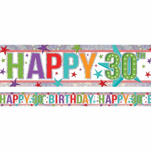 Vibrant holographic 30th birthday foil banner, 2.7m x 13cm, perfect for festive celebrations and photo opportunities.