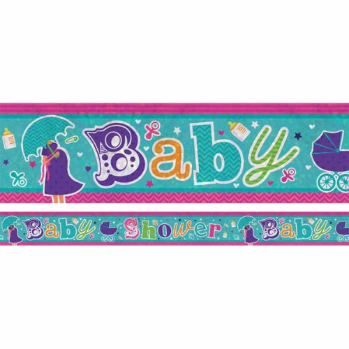 Holographic baby shower banner, 2.7m x 13cm, featuring a festive design perfect for celebrating new beginnings.
