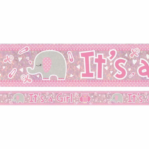 Holographic foil banner with 'It's a Girl' and cute animal designs, perfect for baby showers and gender reveal parties.