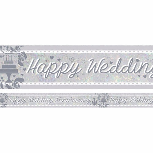 Holographic Happy Wedding Anniversary foil banner, 2.7m x 13cm, elegant design, perfect for all romantic milestones.