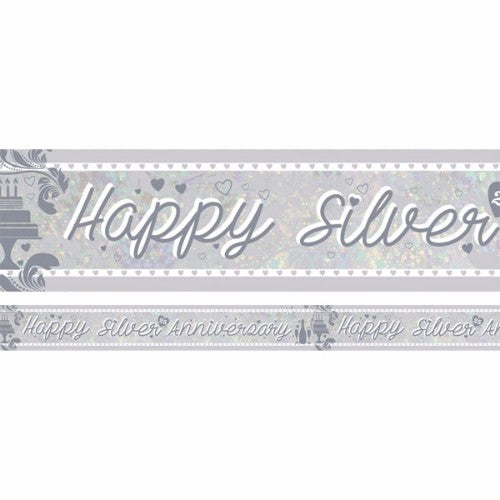 Holographic silver banner reading 'Happy Anniversary' for 25th celebrations, 2.7m long and 13cm wide.