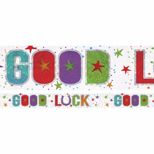 Holographic Good Luck banner, 2.7m long, sparkles with a repeating design, perfect for celebrations and photo backdrops.
