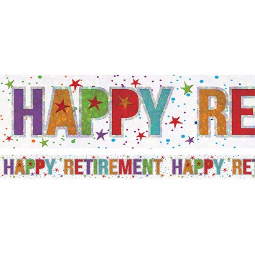 Holographic Happy Retirement banner, 2.7m long, shimmers in light, perfect for retirement celebrations, adds festive flair.