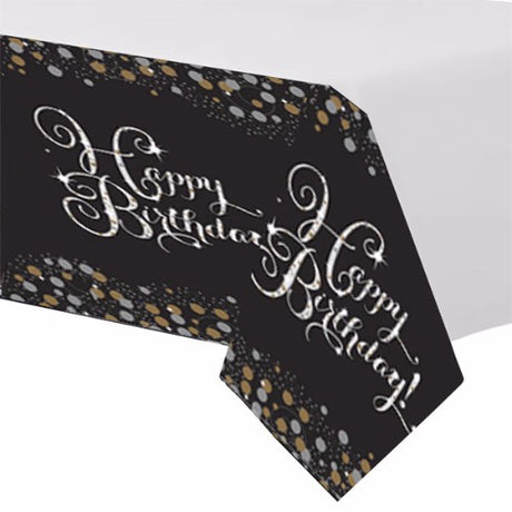 Elegant sparkling black tablecover for birthdays, measuring 137cm x 259cm, enhances party décor while protecting tables.