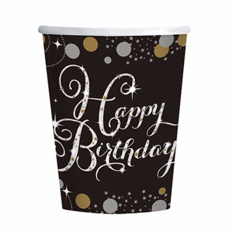 Pack of 8 stylish black birthday cups with gold and silver accents, perfect for all party celebrations.