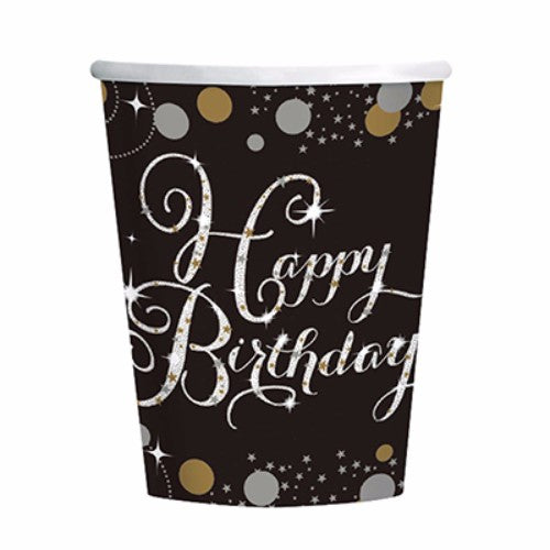 Pack of 8 stylish black birthday cups with gold and silver accents, perfect for all party celebrations.