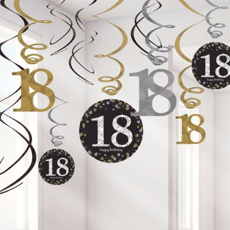 Black sparkling hanging swirls for 18th birthday, including foil swirls and cutouts, pack of 12.