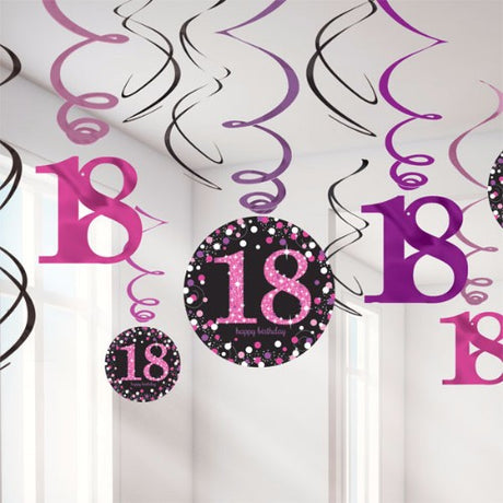 Sparkling Pink 18th Birthday Hanging Swirls, pack of 12, featuring shimmering swirls and vibrant cutouts for festive décor.