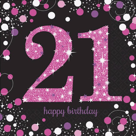 Chic Sparkling Pink 21st Birthday Lunch Napkins in pink, black, and silver – pack of 16, perfect for stylish celebrations.