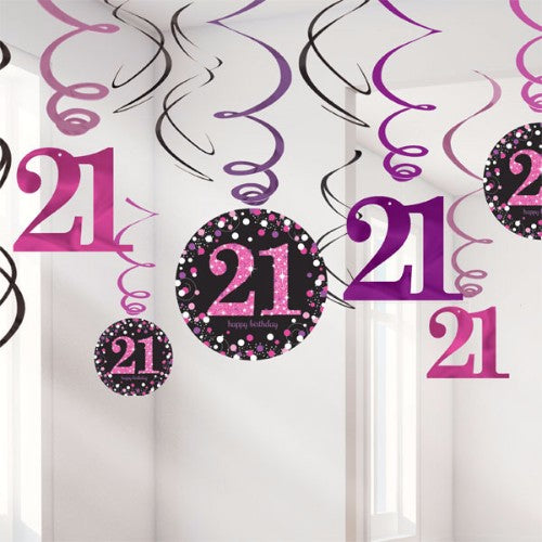 Sparkling pink 21st birthday hanging swirls pack of 12, featuring 6 plain foil and 6 cutout swirls for festive decor.