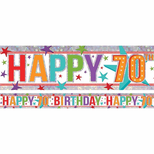 Holographic Happy 70th Birthday foil banner, 2.7m long, elegant design, perfect for festive celebrations and memorable decorations.