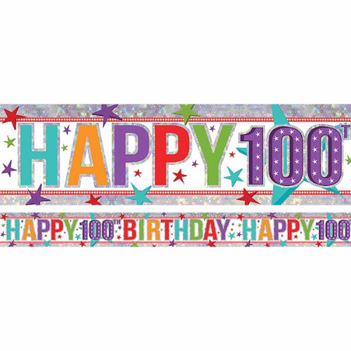 Vibrant holographic foil banners for celebrating a 100th birthday, 2.7m long, pack of 12 for festive decor.
