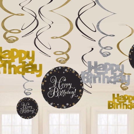 Elegant pack of 12 Sparkling Black Happy Birthday Hanging Swirls featuring foil swirls and vibrant cutouts for festive decor.