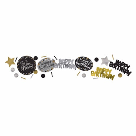 Sparkling Black Happy Birthday Confetti mix featuring black, silver, and gold foil for elegant party decor and celebrations.