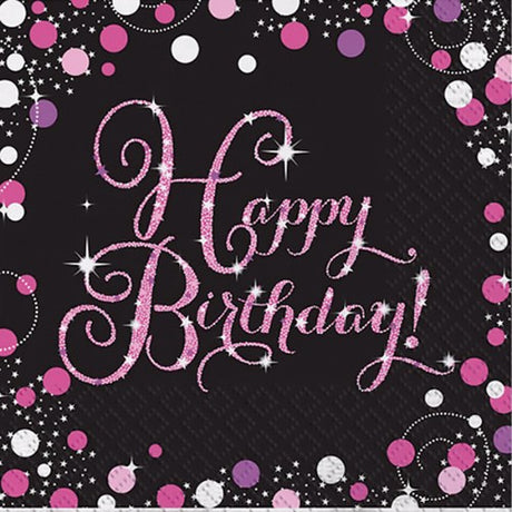 Pack of 16 chic Sparkling Pink Happy Birthday Lunch Napkins with pink, black, and silver accents, 33cm x 33cm, 2-ply design.