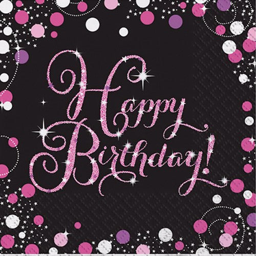 Pack of 16 chic Sparkling Pink Happy Birthday Lunch Napkins with pink, black, and silver accents, 33cm x 33cm, 2-ply design.